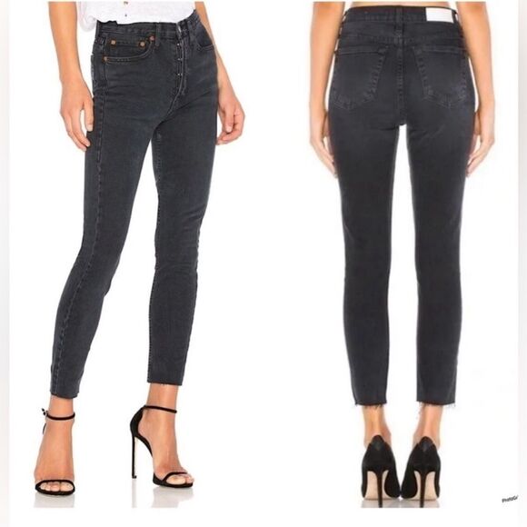 RE/DONE 90s High-Rise Ankle Crop Jeans Size 28 Faded‎ Coal Button Fly Raw Hem - Picture 1 of 15
